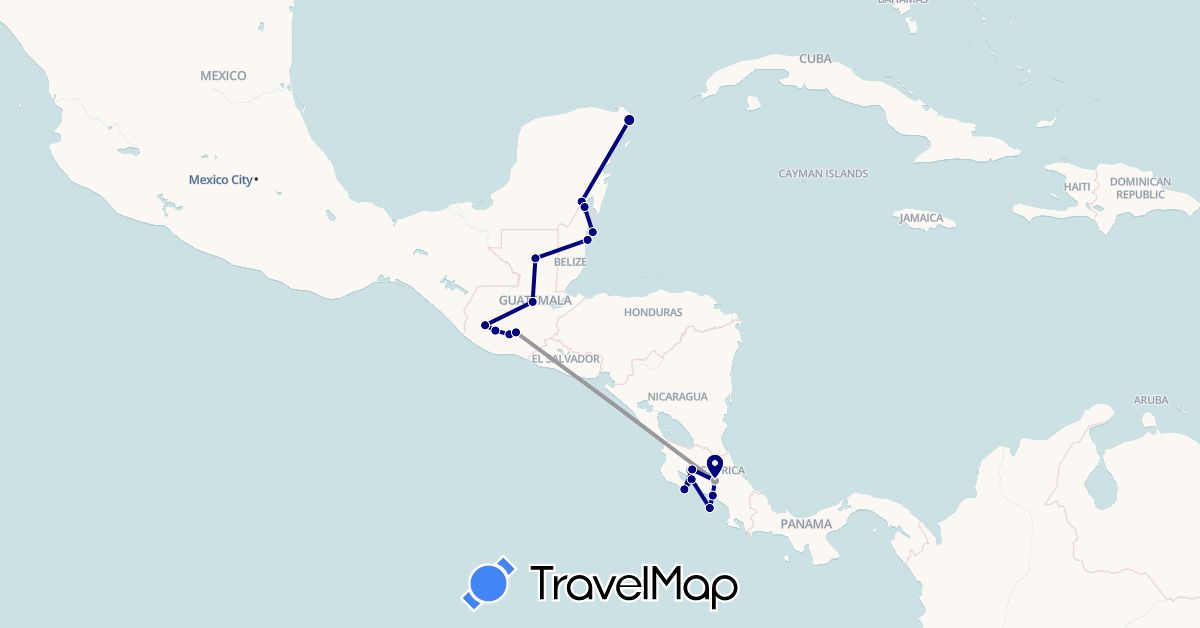 TravelMap itinerary: driving, plane in Belize, Costa Rica, Guatemala, Mexico (North America)